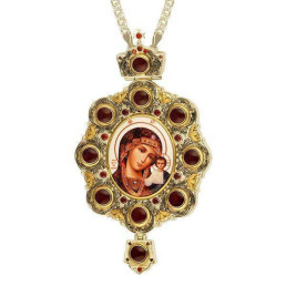 Brass panagia with fragmentary gilding, enamel and chain