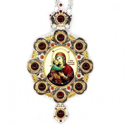 Brass panagia with fragmentary gilding, enamel and chain