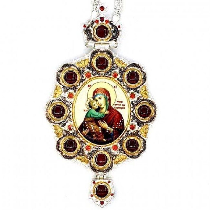 Brass panagia with fragmentary gilding, enamel and chain