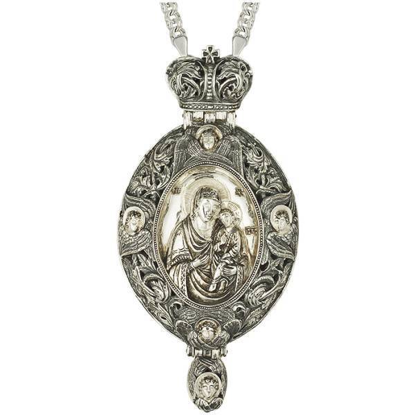 Brass engolpion panagia in silver with blackening and chain