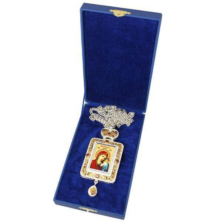 Brass Engolpion panagia in silver plated with gilding and chain