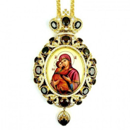 Engolpion Panagia made of brass in gilding with a chain and cubic zirconia decorations