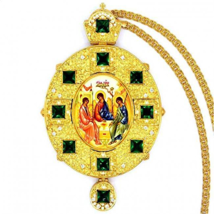 Archiepiscopal Engolpion in brass in gilding with fianites and chain