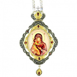 Orthodox panagia of brass with fragmentary gilding and chain