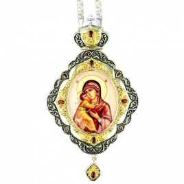 Orthodox panagia of brass with fragmentary gilding and chain