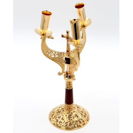 Trikirion of brass in gilt with wooden handle and acrylic inlay