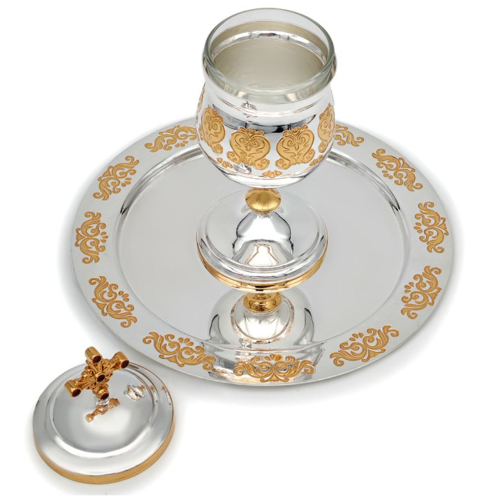 Brass bowl with plate from the anointing set with gilding