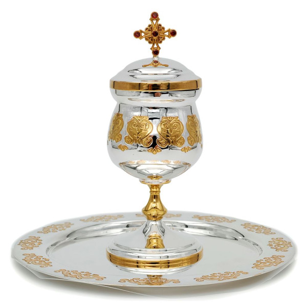 Brass bowl with plate from the anointing set with gilding