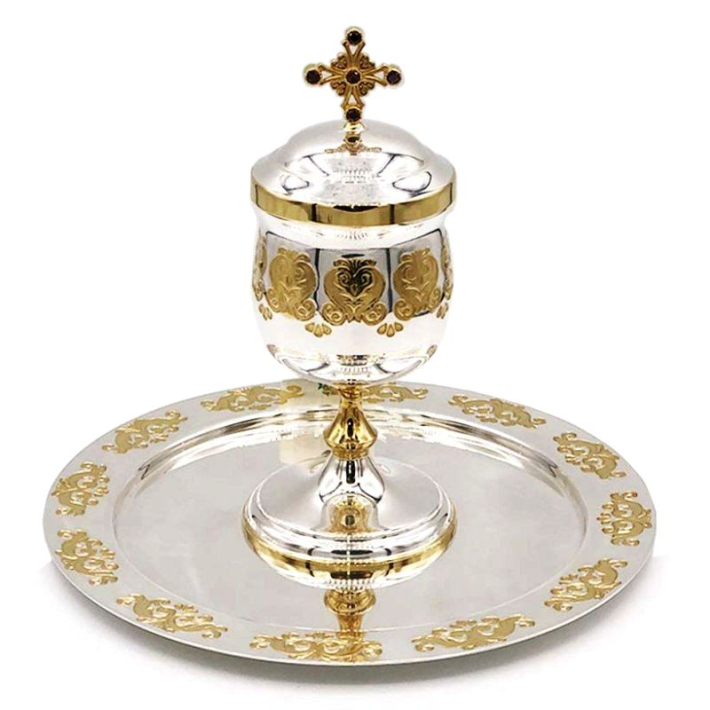 Brass bowl with plate from the anointing set with gilding