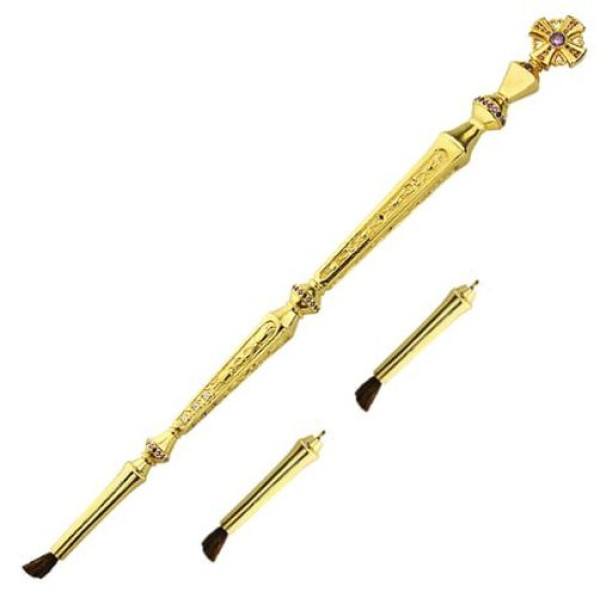 Brass annointing brush in gold plated with two interchangeable brushes