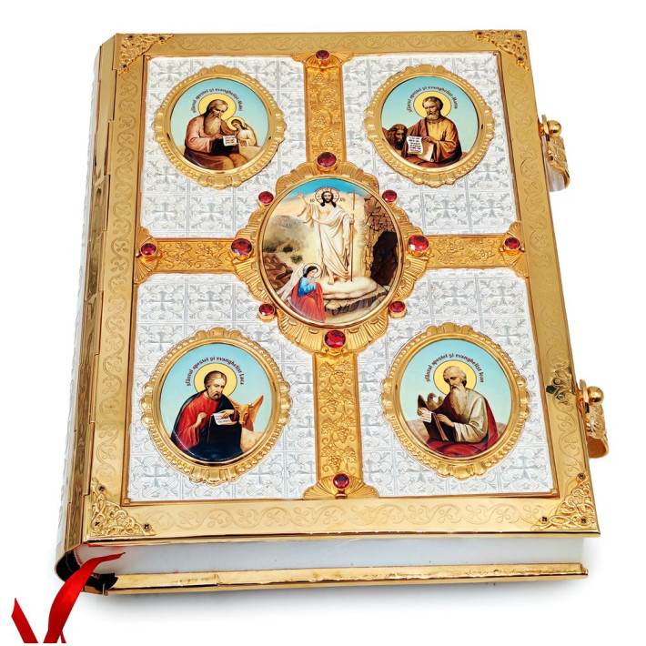 Large Gospel book with a brass frame featuring a silver-plated and gilded finish