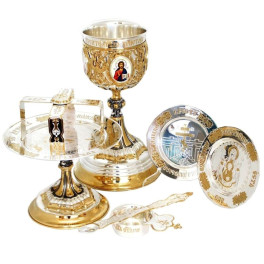 Combined Eucharistic set of brass in silver-plated brass with gilding