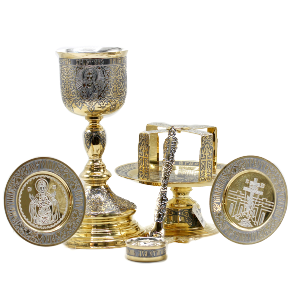 Eucharistic set of brass in silver-plated silver with gilding