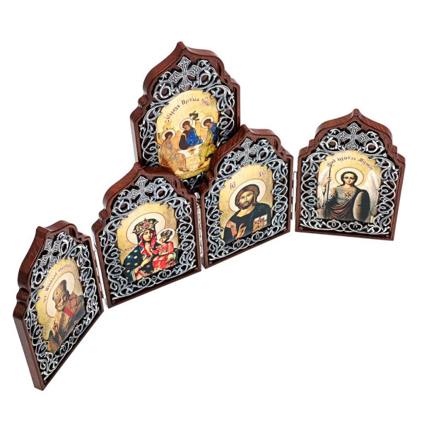 Folding icon in a wooden frame with silver-plated brass accents and blackened finishes
