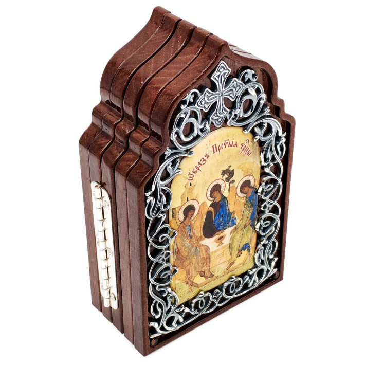 Folding icon in a wooden frame with silver-plated brass accents and blackened finishes