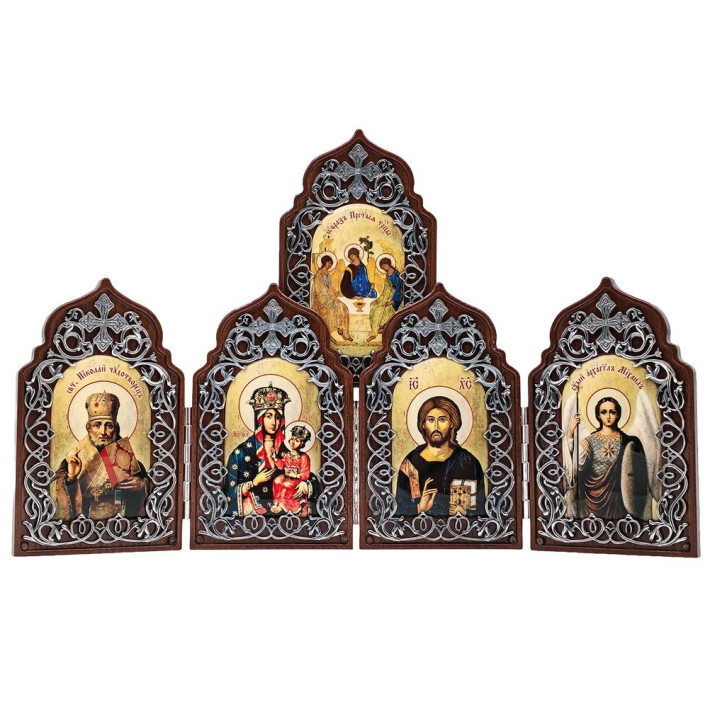 Folding icon in a wooden frame with silver-plated brass accents and blackened finishes