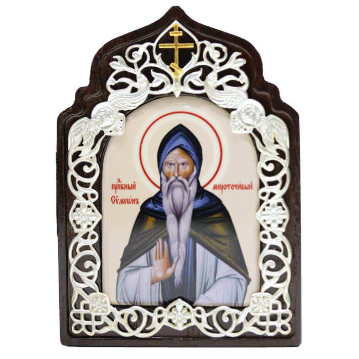 Cloth on wood with images of St. Sava of Serbia, Venerable Simeon of Myrotochivy