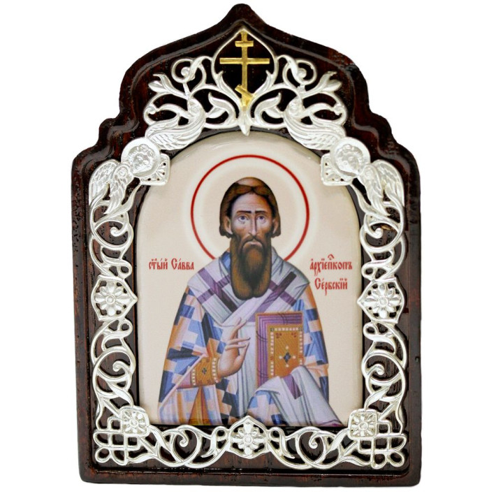 Cloth on wood with images of St. Sava of Serbia, Venerable Simeon of Myrotochivy