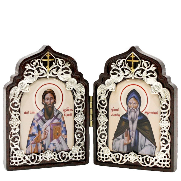 Cloth on wood with images of St. Sava of Serbia, Venerable Simeon of Myrotochivy