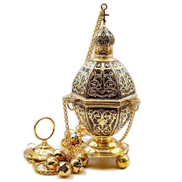 Brass censer with fragmentary gilding and oxidation