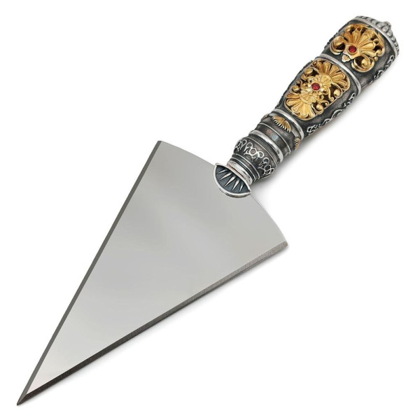 Large spear made of brass in silver-plated silver with gilding and blackening