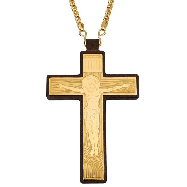Wooden cross for a priest with a gold-plated brass inlay and a chain