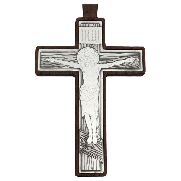 Wooden cross for a priest with a brass inlay in silvery and blackened finish