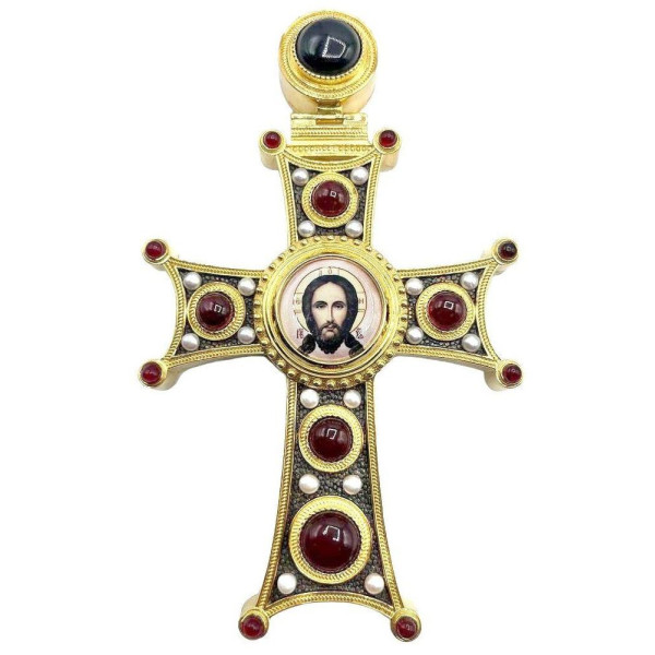 Cross for a priest made of brass with gold plating with silver plating and blackening