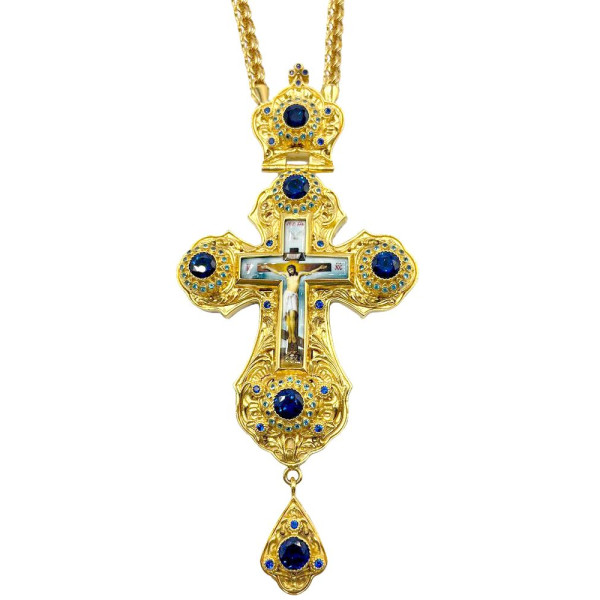 Cross for a priest made of gold-plated brass with decorations and a chain