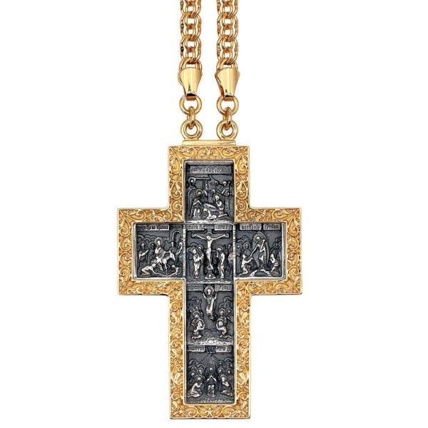 Cross for a priest made of brass with gold plating with blackening and a chain