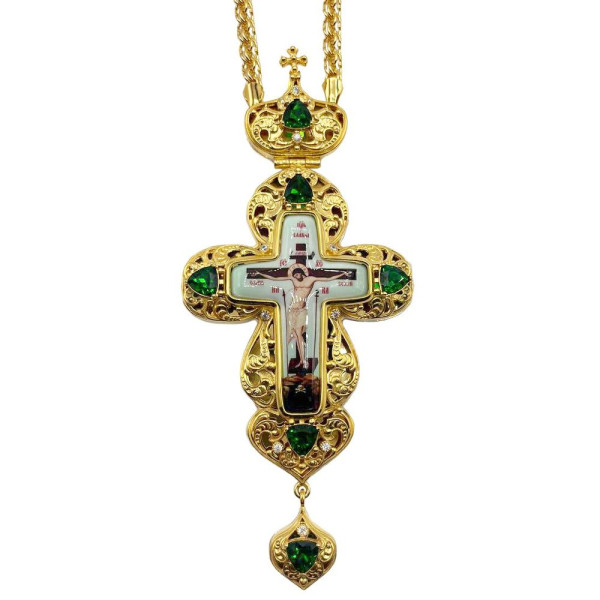 Kříž pro kněze z pozlaceného mosazi s kameny a řetízkem