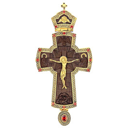 Kříž pro kněze z pozlacené mosazi s vyobrazením z mořeného jasanu