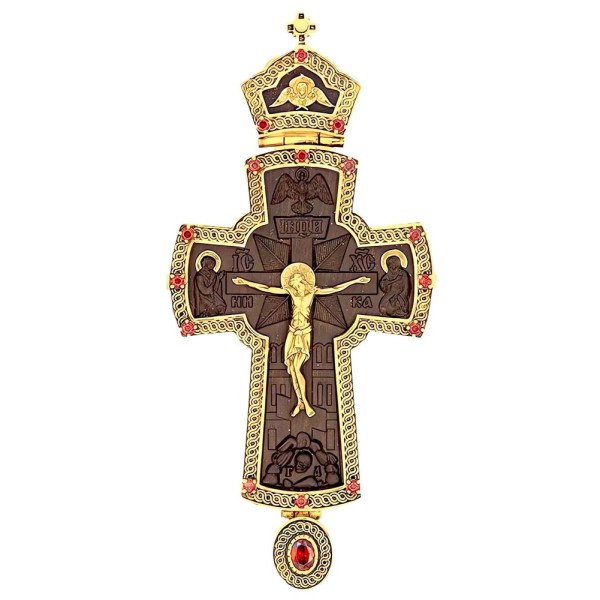 Cross for a priest made of gold-plated brass with an image carved from stained ash wood