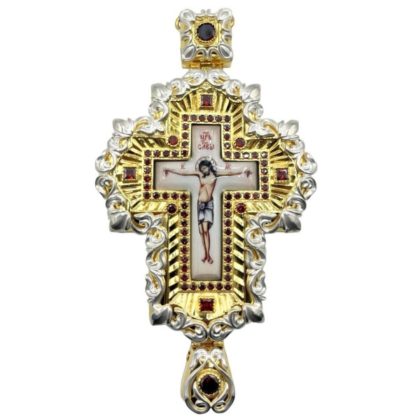 Cross for a priest made of gold-plated brass with silver inlay and ornamentation