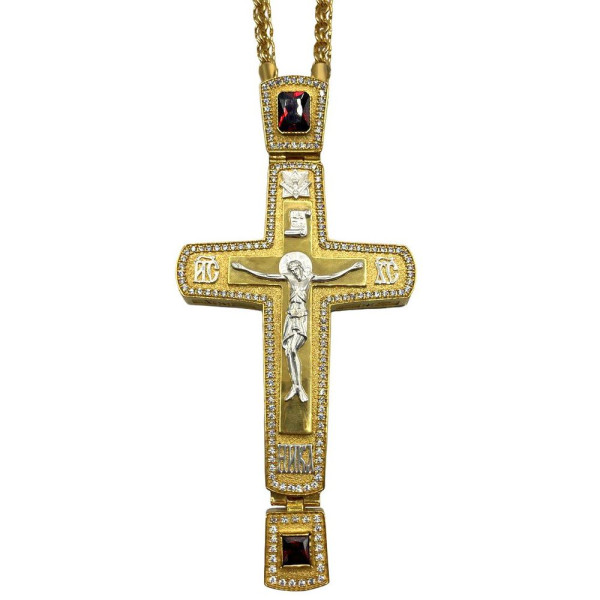 Priest's cross in brass in gilt with enamel and chain brass in gilt with silver plating and chain