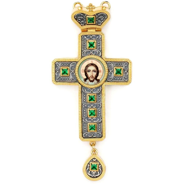 Cross for a priest made of brass with a gold-plated finish, silver plating and blackening
