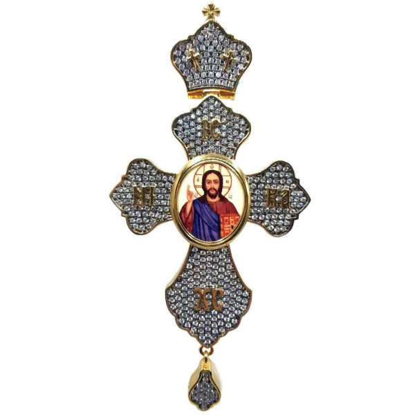 Cross for a priest made of gilded brass with silver plating and blackening