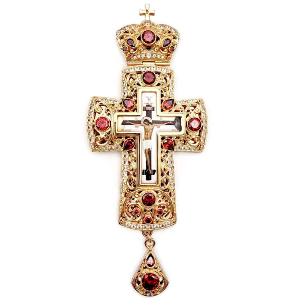 Cross for a priest made of brass with gold plating and cubic zirconia inlays