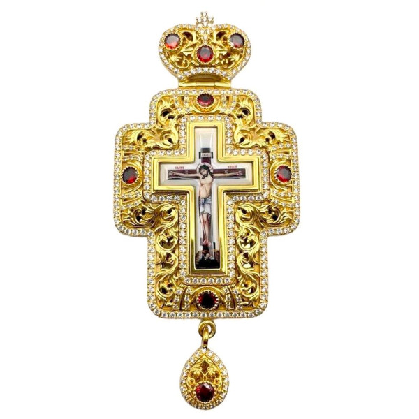 Cross for a priest made of gold-plated brass with cubic zirconia