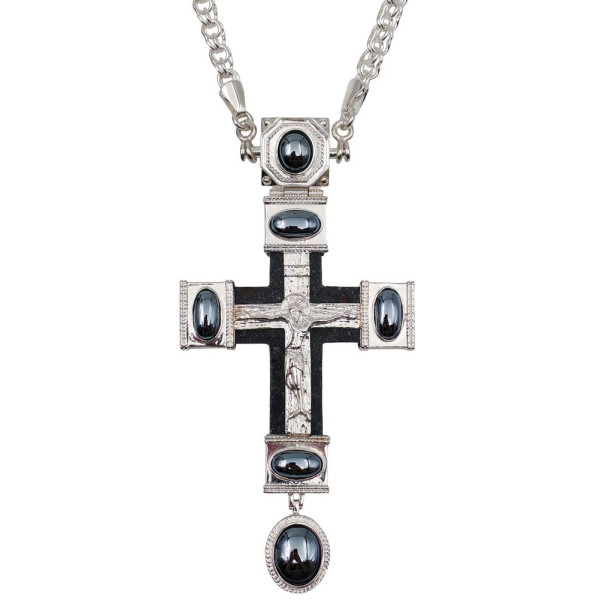Cross for a priest made of silver-plated brass with decorations and a chain