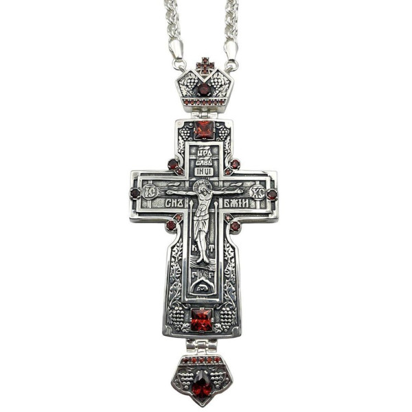 Priest's cross made of brass, silver-plated with blackening and chain