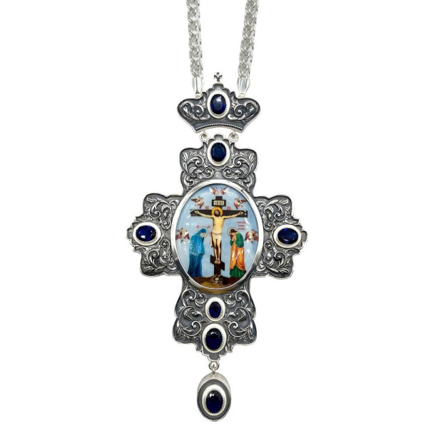 Cross for priest made of brass in silver plated with niello and chain