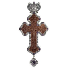 Cross for a priest made of silver-plated brass with an image carved from stained ash wood