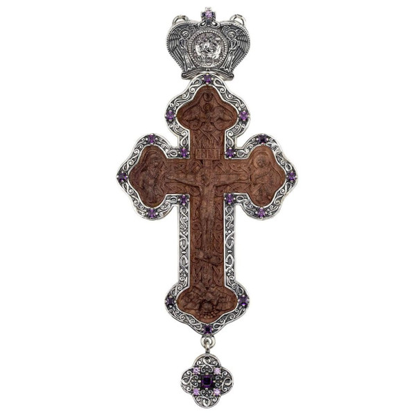 Cross for a priest made of silver-plated brass with an image carved from stained ash wood
