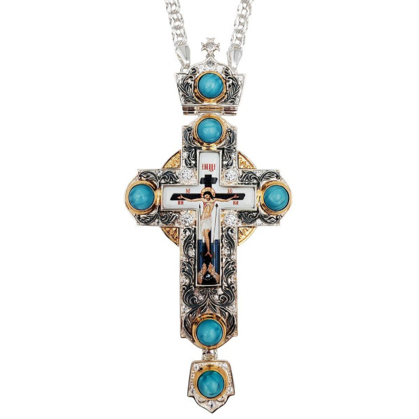 Cross for priest made of brass in silver-plated silver with gilding and chain