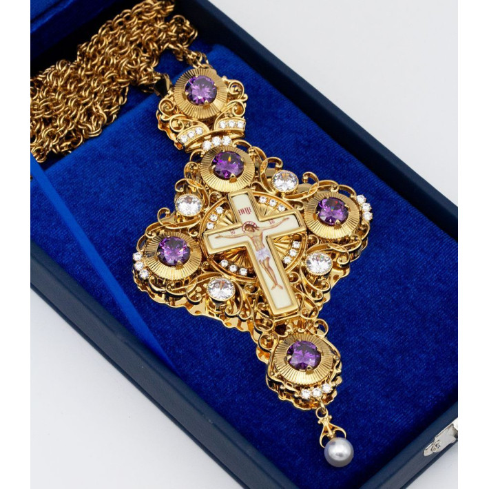 Cross for priest made of brass in gilding with jewelry and chain