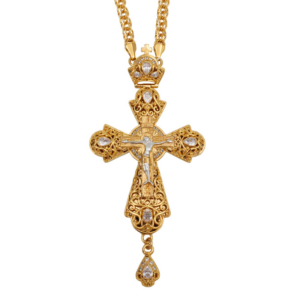 Cross for priests made of gold-plated brass with a silver finish and a chain