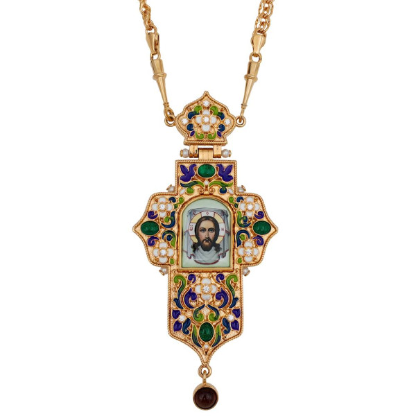 Cross for priest made of brass in gilt with enamel and chain