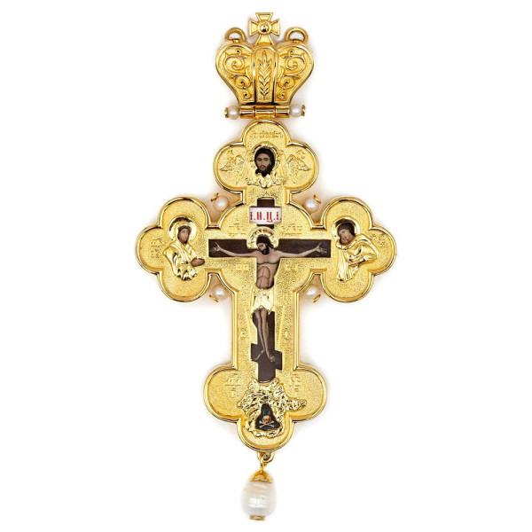 Cross for a priest made of brass with a gold-plated finish and river pearls