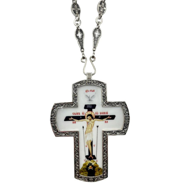 Cross for priest in brass in silver plating with niello and chain Cross for priest in brass in silver plating with niello and chain